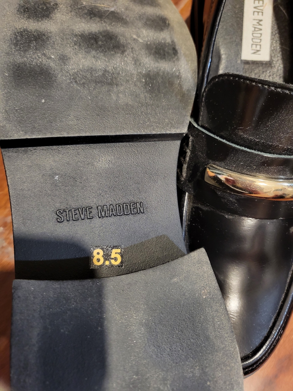 Steve Madden Black Leather Slip-On Loafers with Gold Accent - Picture 2 of 3